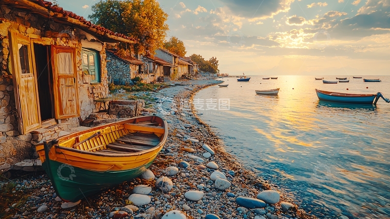 高清大图下载【趣麦麦图】海边渔村日落小船的宁静