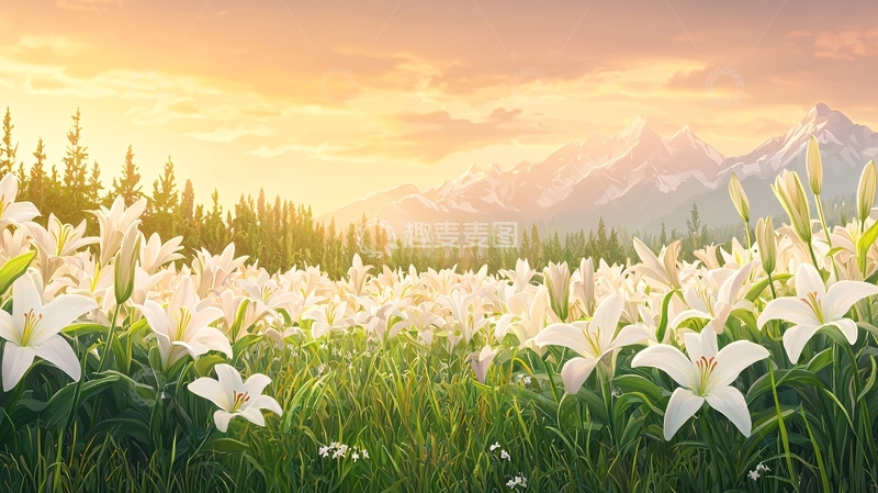 高清大图下载【趣麦麦图】百合花田远处山峰唯美夕阳