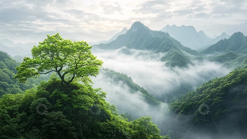 高清大图下载【趣麦麦图】山间云雾缭绕的绿树
