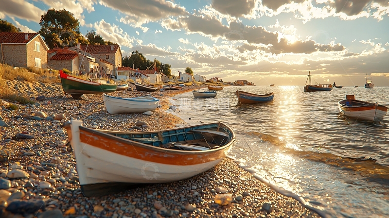 高清大图下载【趣麦麦图】海边沙滩停泊着小船