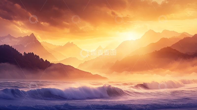 高清大图下载【趣麦麦图】壮丽日落山海交融