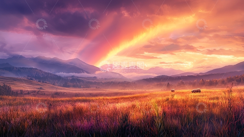 高清大图下载【趣麦麦图】绚丽彩虹下的田园风光