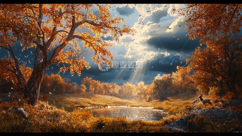 高清大图下载【趣麦麦图】秋季阳光穿透树林景色