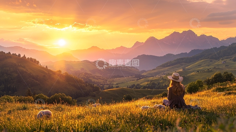 高清大图下载【趣麦麦图】金色山间日落时的孤独背影