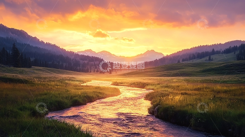 高清大图下载【趣麦麦图】山间小溪日落美景