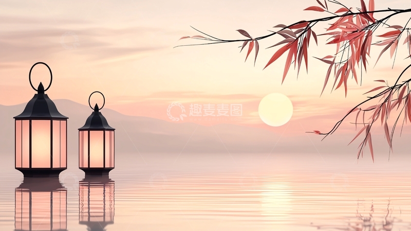 高清大图下载【趣麦麦图】灯笼与夕阳下的湖面