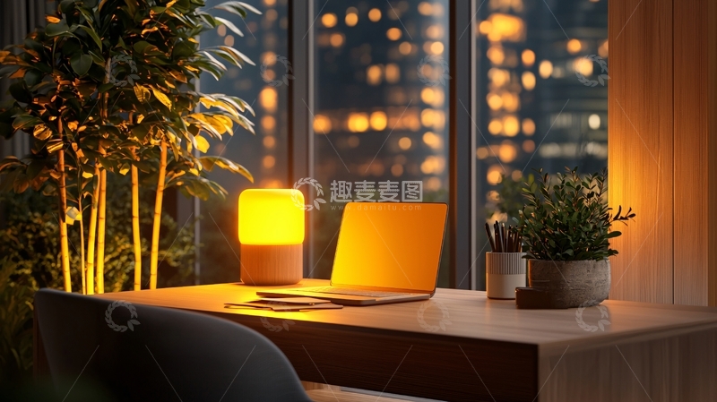 高清大图下载【趣麦麦图】窗边夜景工作台