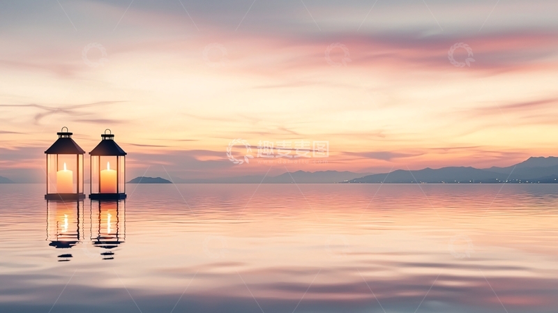 高清大图下载【趣麦麦图】海边灯笼日落美景