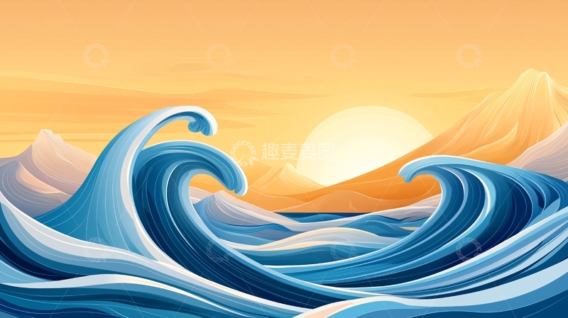 高清大图下载【趣麦麦图】汹涌的海浪日出景色