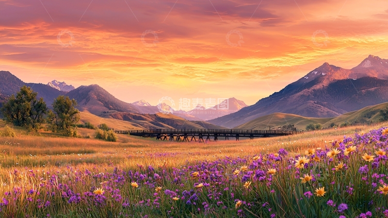 高清大图下载【趣麦麦图】金色田野夕阳下的山峦