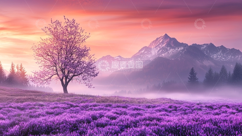 高清大图下载【趣麦麦图】紫色花海中的树
