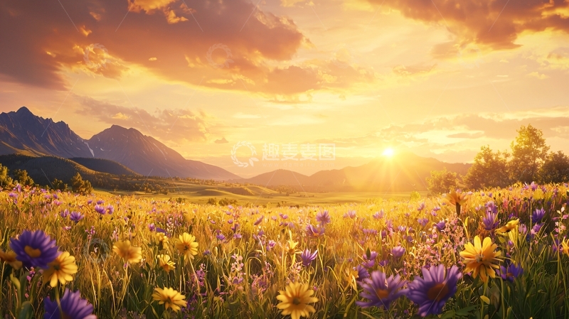 高清大图下载【趣麦麦图】金色阳光照耀下的花田