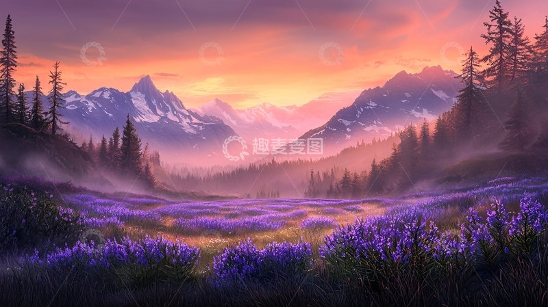 高清大图下载【趣麦麦图】紫色花田山景日落