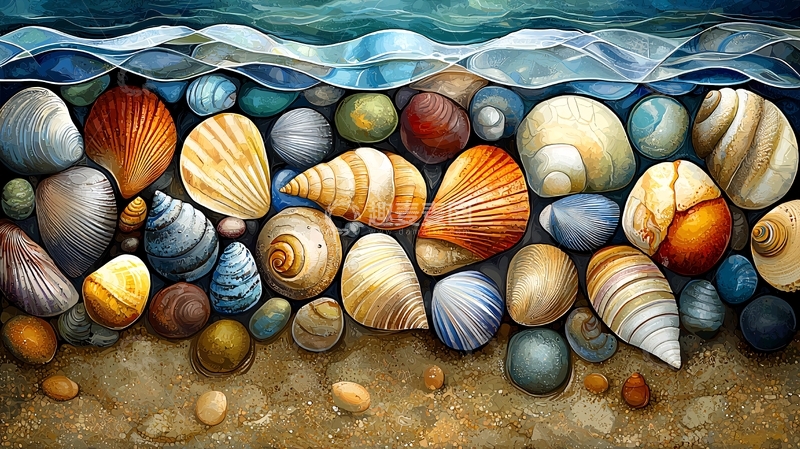 高清大图下载【趣麦麦图】海滩上的贝壳和鹅卵石