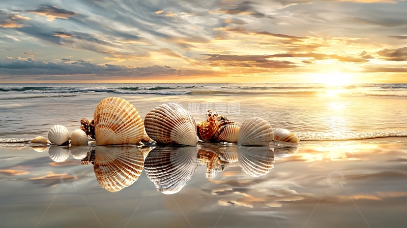 高清大图下载【趣麦麦图】海滩上的贝壳与日落