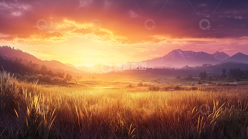 高清大图下载【趣麦麦图】金色田野日落下的山景