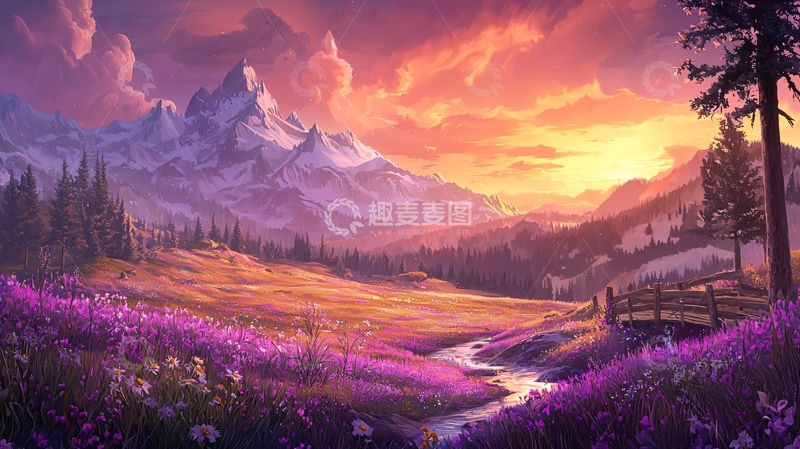高清大图下载【趣麦麦图】紫色花田山脉日落