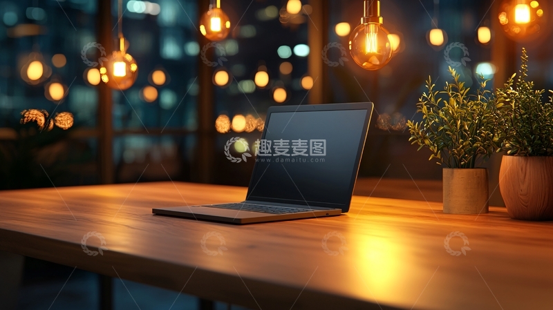 高清大图下载【趣麦麦图】温暖灯光下的笔记本电脑