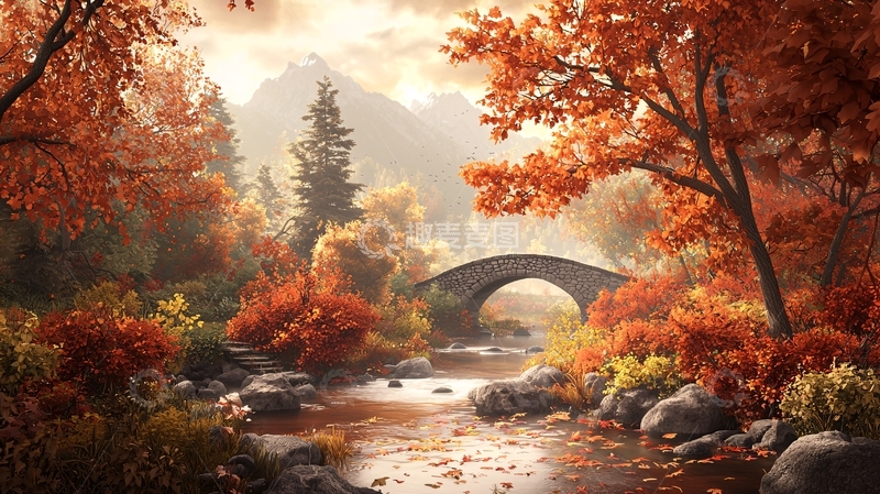 高清大图下载【趣麦麦图】秋日红叶小桥流水
