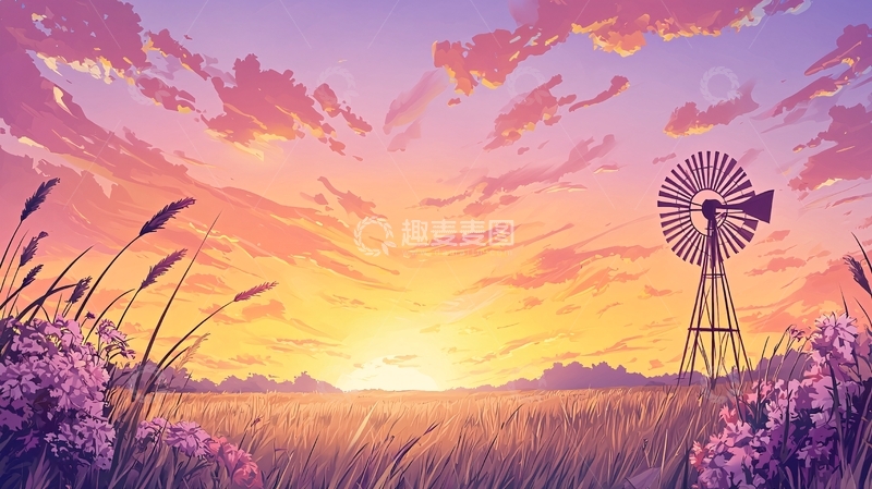 高清大图下载【趣麦麦图】日落时分的田野风车景色