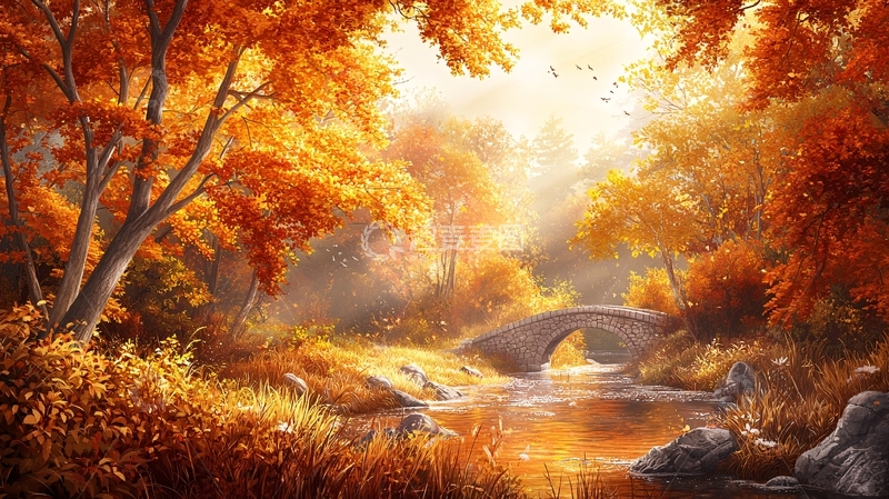 高清大图下载【趣麦麦图】秋日金色森林小桥流水