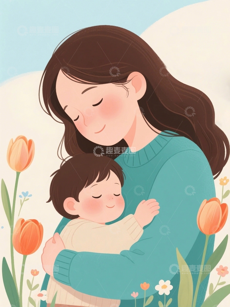 高清大图下载【趣麦麦图】母亲节拥抱插画2