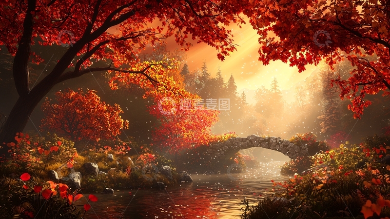 高清大图下载【趣麦麦图】秋日红叶石桥流水景色