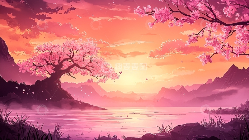 高清大图下载【趣麦麦图】粉色樱花树唯美日落
