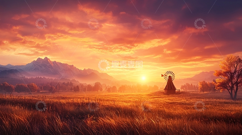 高清大图下载【趣麦麦图】田野日落下的剪影