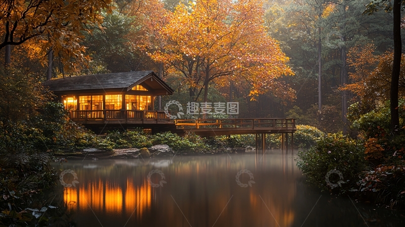 高清大图下载【趣麦麦图】秋日森林小屋临水而建