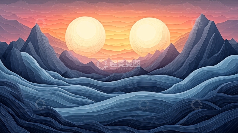 高清大图下载【趣麦麦图】双日照耀下的山海景观