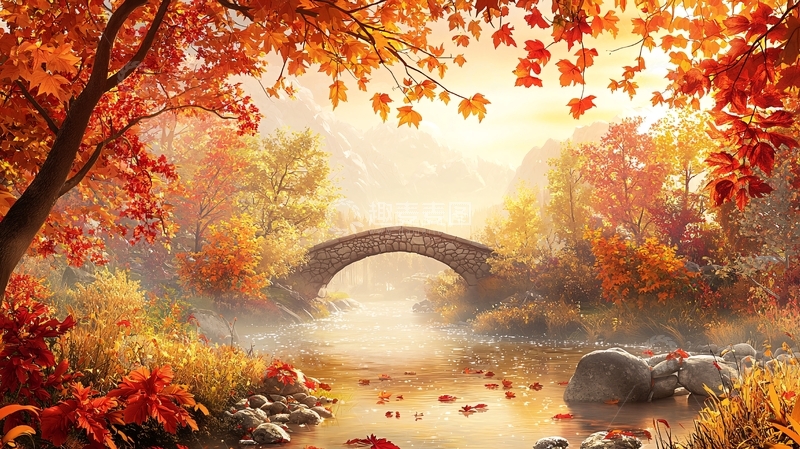 高清大图下载【趣麦麦图】秋日小桥流水如画