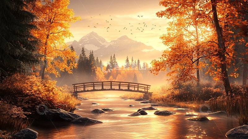 高清大图下载【趣麦麦图】秋日森林小桥流水风景