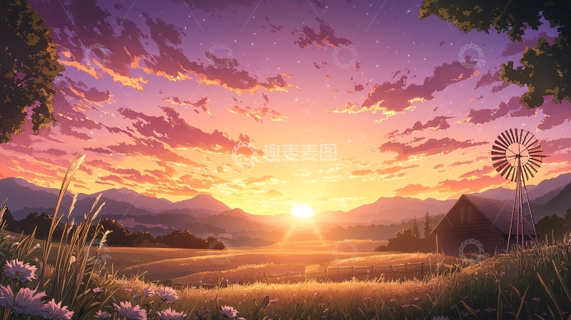 高清大图下载【趣麦麦图】唯美田园日落景色