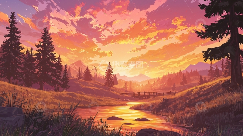 高清大图下载【趣麦麦图】日落山景田园风光