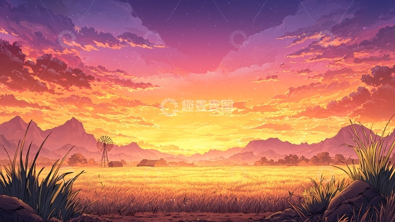 高清大图下载【趣麦麦图】金黄田野的日落美景