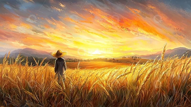 高清大图下载【趣麦麦图】田野里的人与日落天空