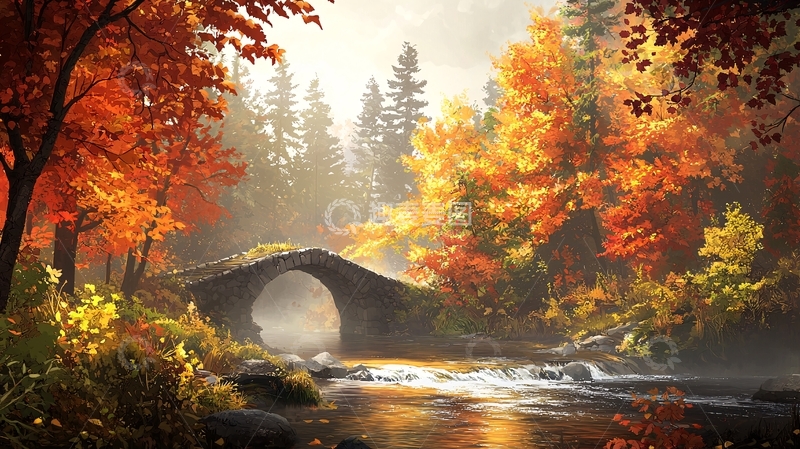 高清大图下载【趣麦麦图】秋日森林小桥流水