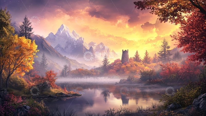 高清大图下载【趣麦麦图】秋季湖畔城堡风景