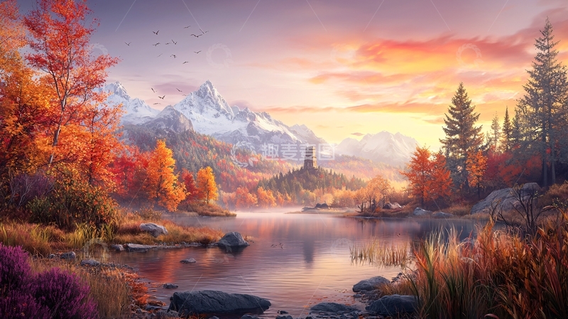 高清大图下载【趣麦麦图】秋日湖畔山景如画