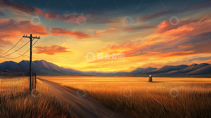 高清大图下载【趣麦麦图】金色天空下的田野小路