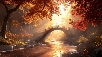 秋日阳光下的拱桥小溪