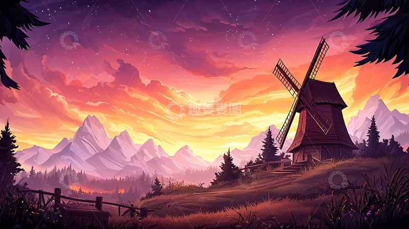 高清大图下载【趣麦麦图】夕阳下的风车剪影