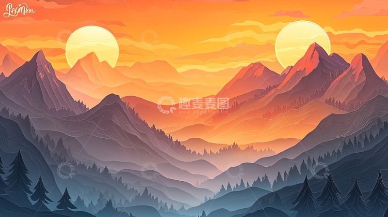 高清大图下载【趣麦麦图】双日同辉山脉剪影