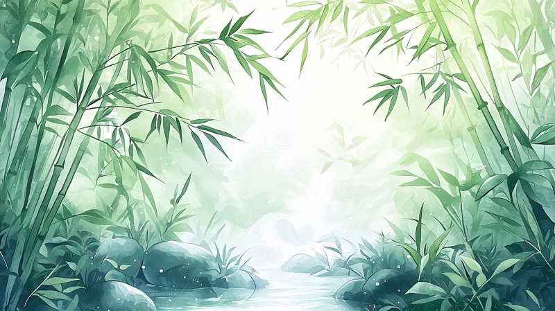 高清大图下载【趣麦麦图】翠绿竹林小溪流水如画意境