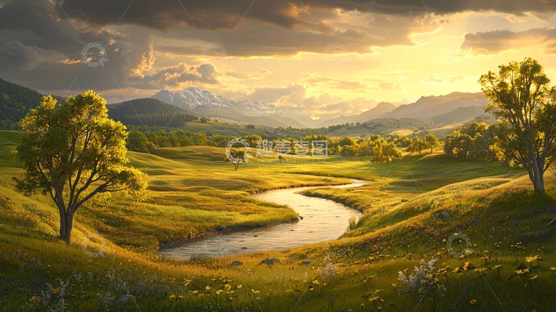 高清大图下载【趣麦麦图】田园风光下的河流