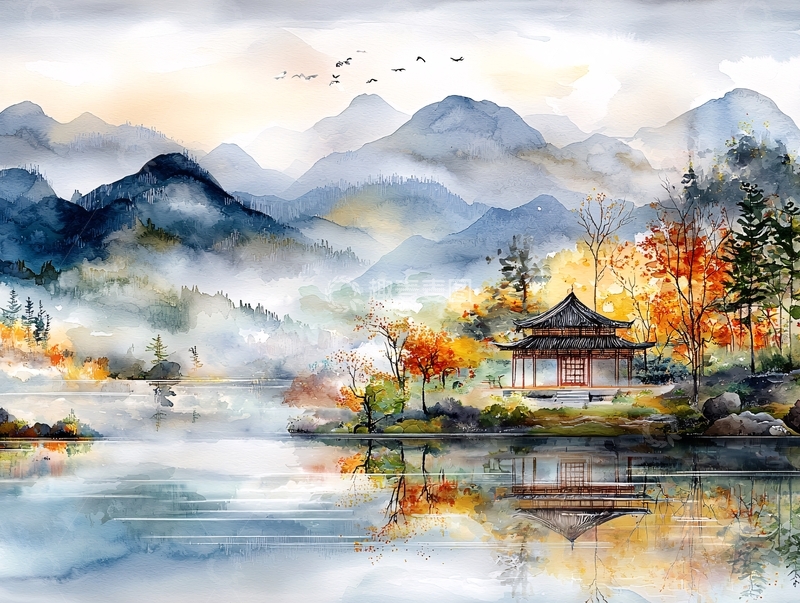 高清大图下载【趣麦麦图】山水画意境小岛小屋