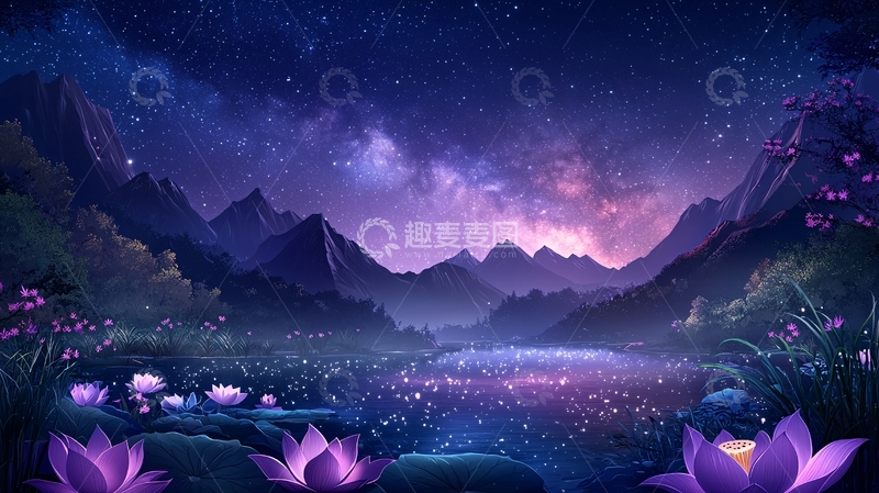 高清大图下载【趣麦麦图】星空山水夜景梦幻紫色