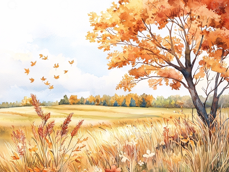 高清大图下载【趣麦麦图】金色田野与秋叶树木的水彩画