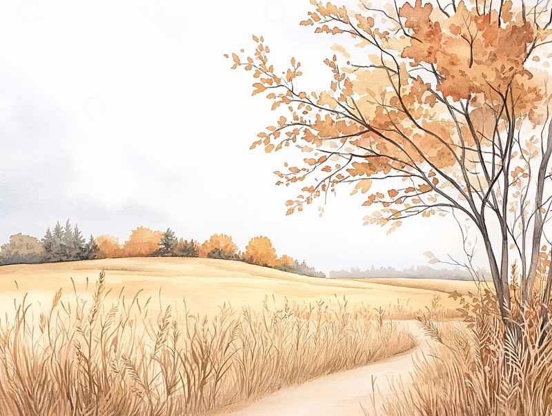 高清大图下载【趣麦麦图】秋日田园风景水彩画